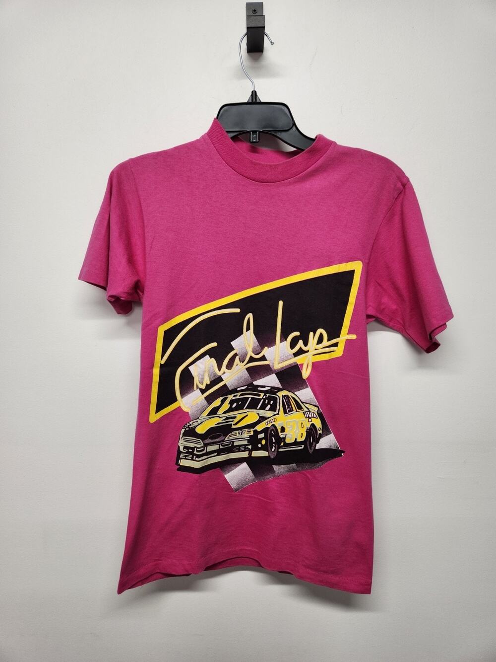 Vtg. Panama Jack Final Lap Car Graphic T-Shirt, Size M, In Hot Pink Single Stich